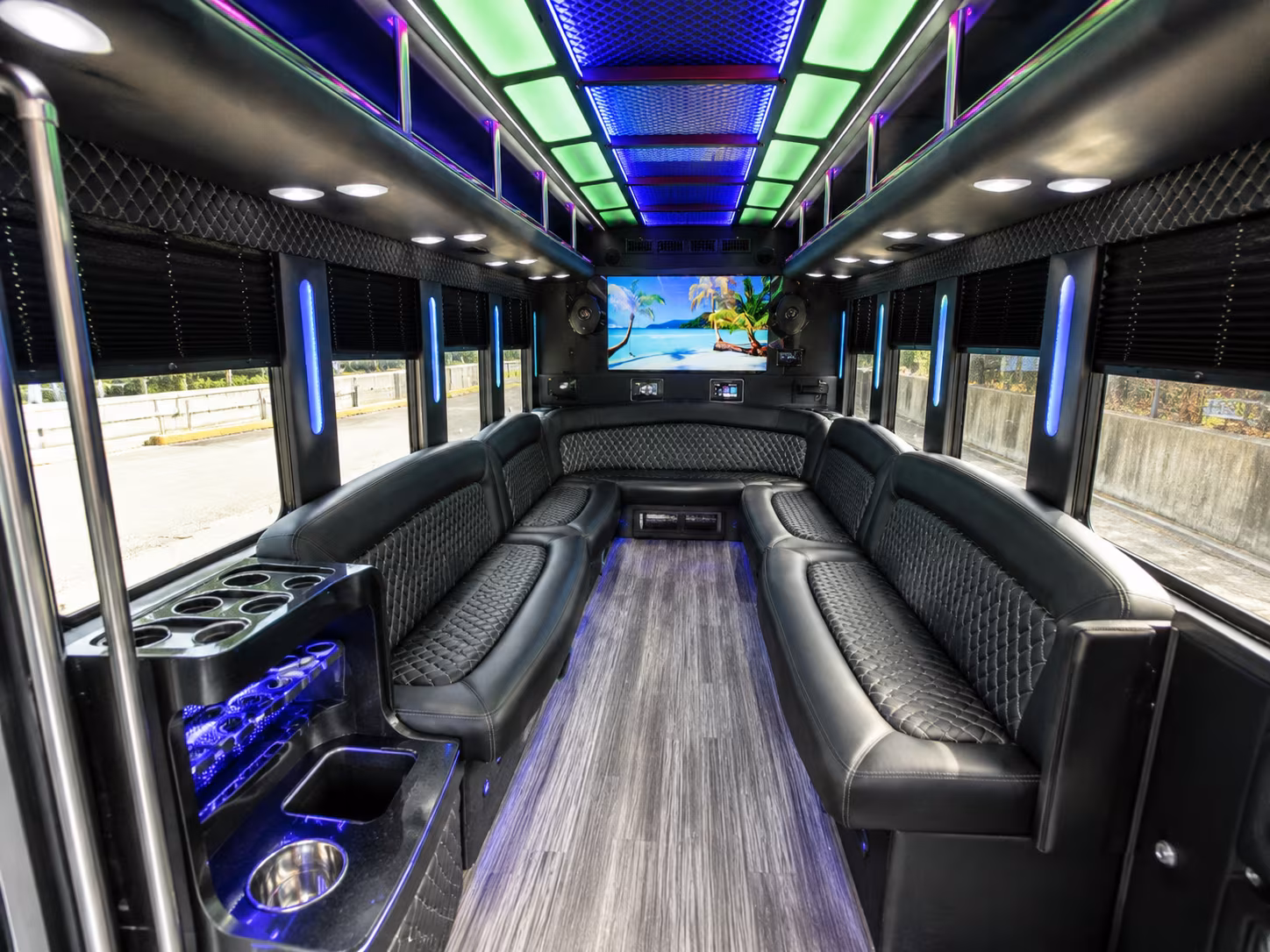 utica 18 passenger party bus inside