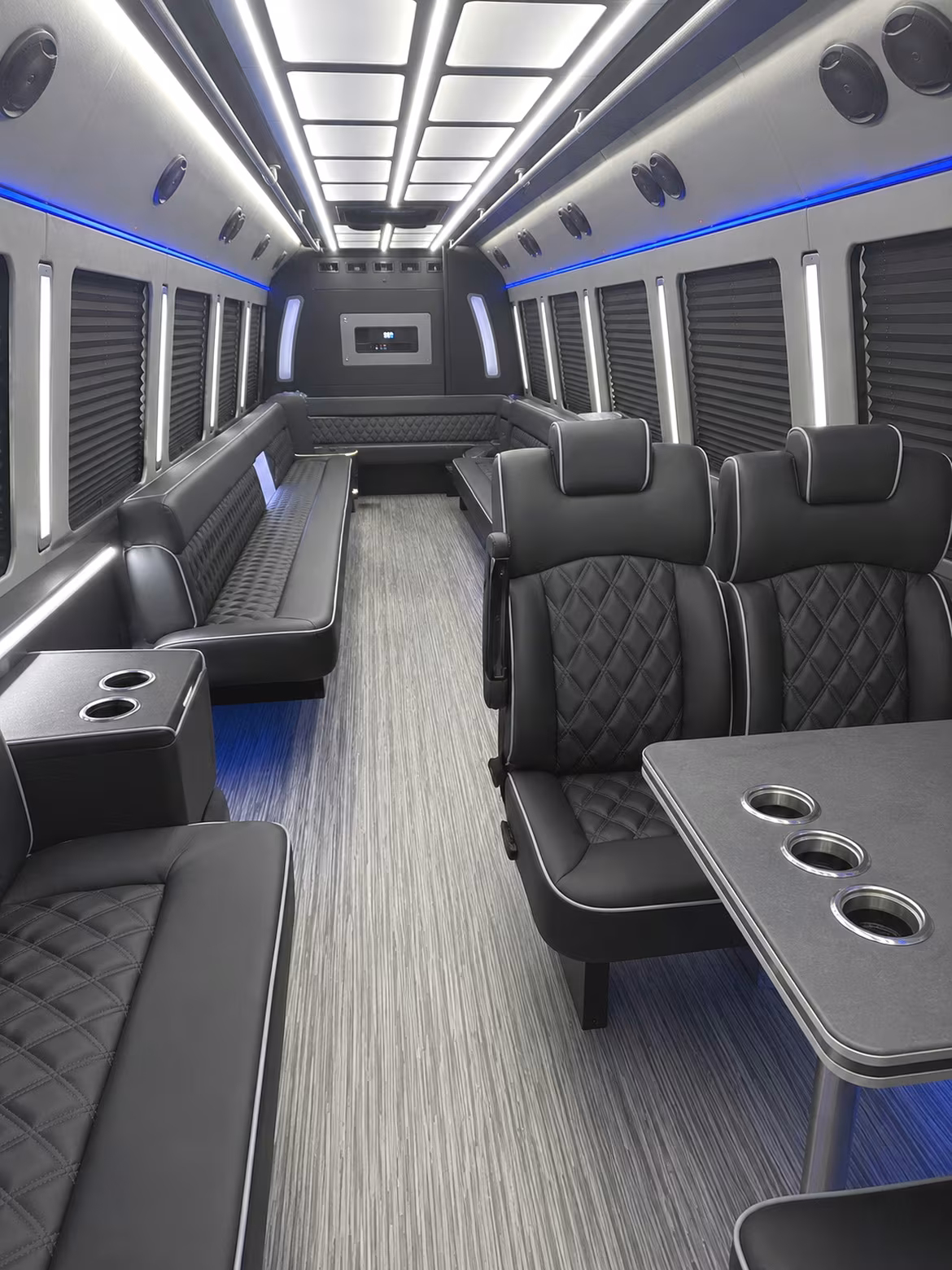 utica 25 passenger party bus inside