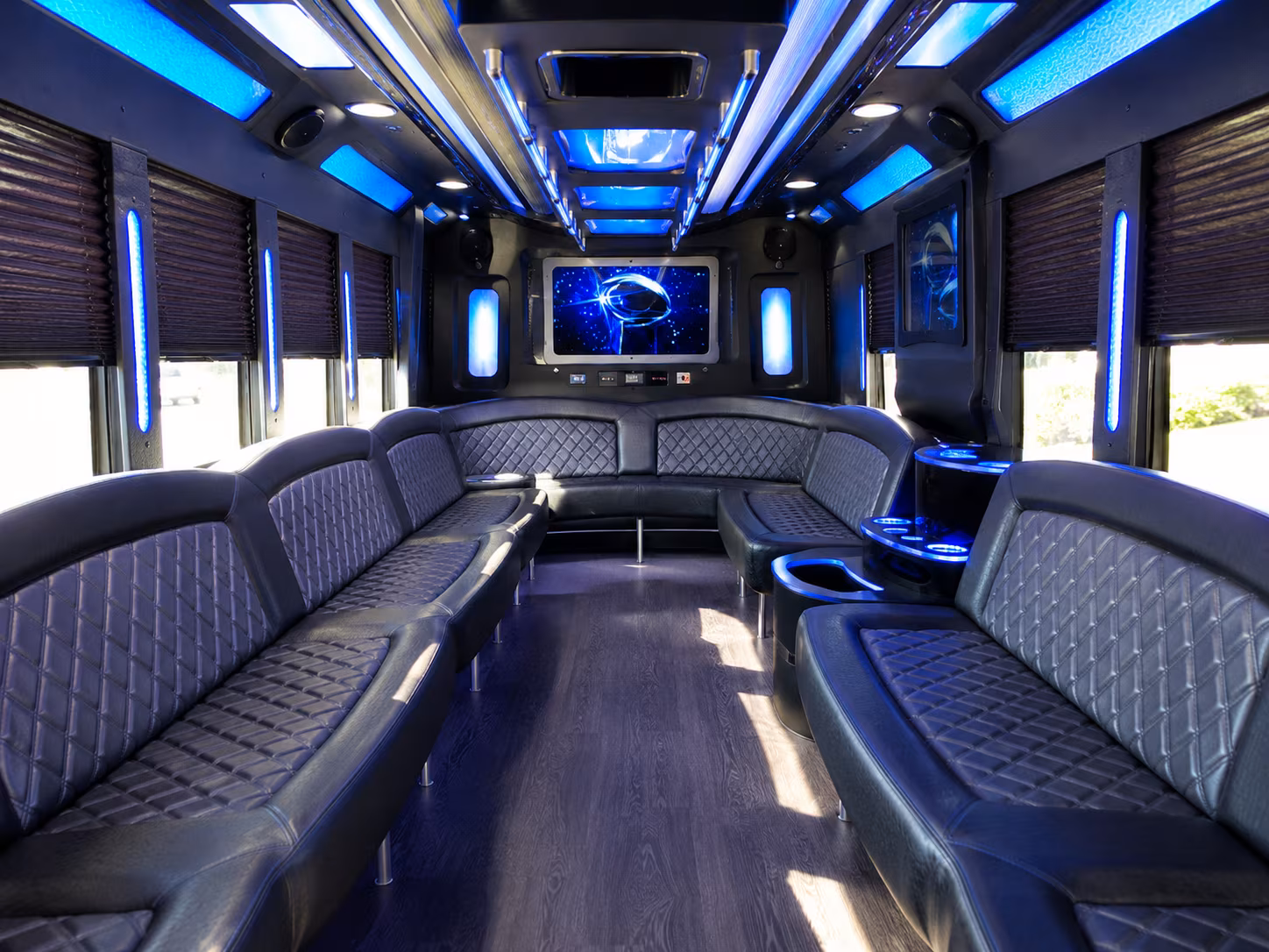 utica 28 passenger party bus inside