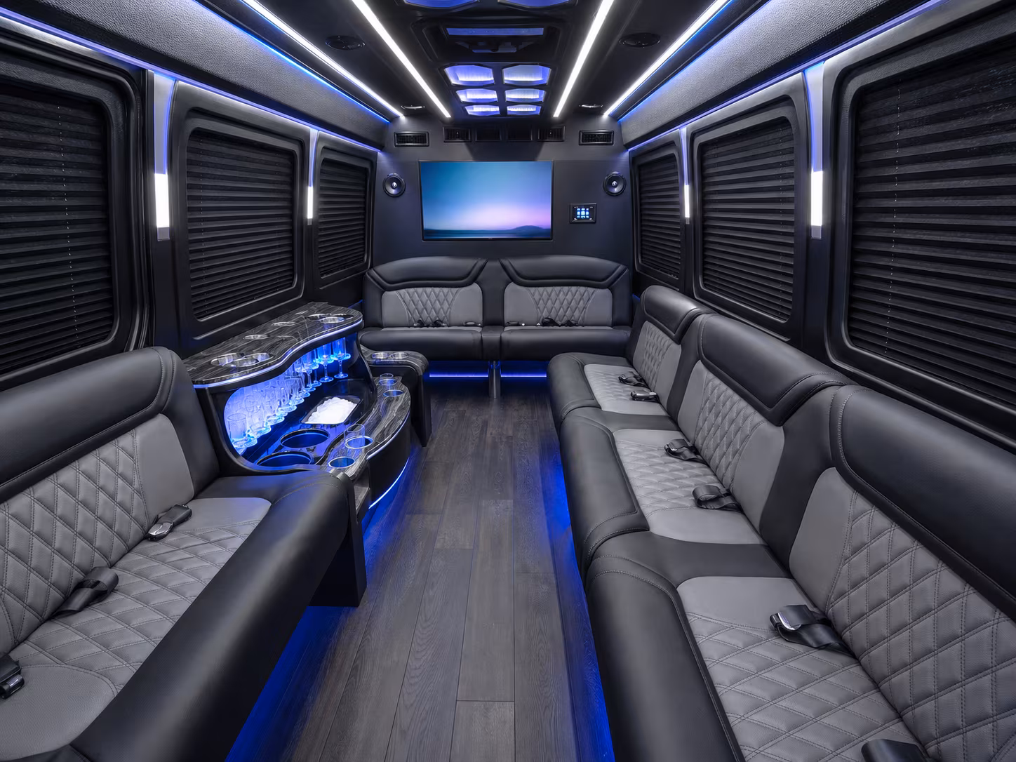 utica 28 passenger party bus interior