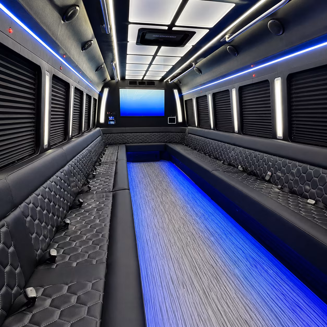 utica 50 passenger party bus inside